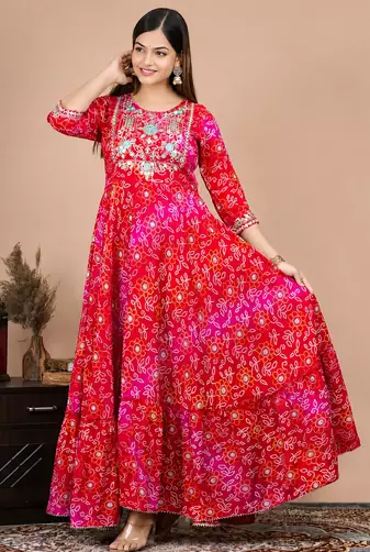 Women’s Red Bandhani Printed Anarkali Kurta Dress
