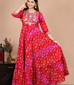 Women’s Red Bandhani Printed Anarkali Kurta Dress