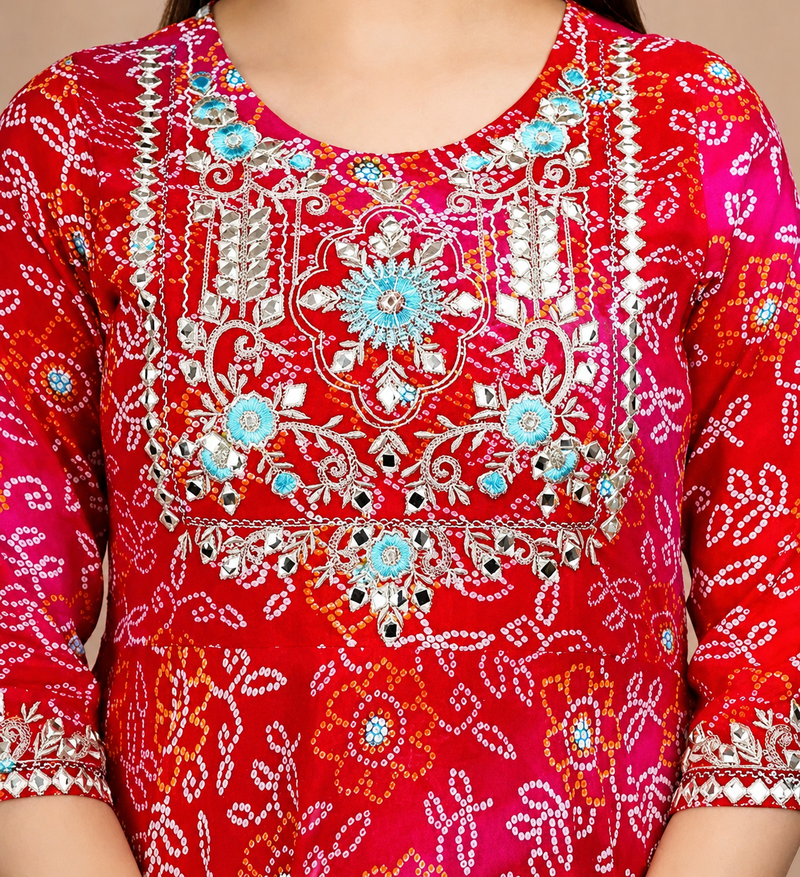 Women’s Red Bandhani Printed Anarkali Kurta Dress