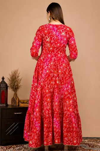 Women’s Red Bandhani Printed Anarkali Kurta Dress