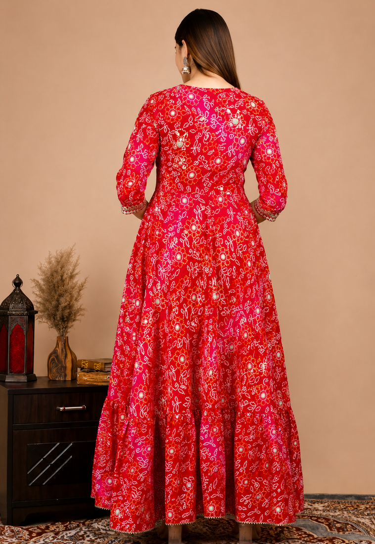 Women’s Red Bandhani Printed Anarkali Kurta Dress