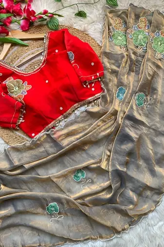 Grey Color khatli with pearl moti work Sartin Saree