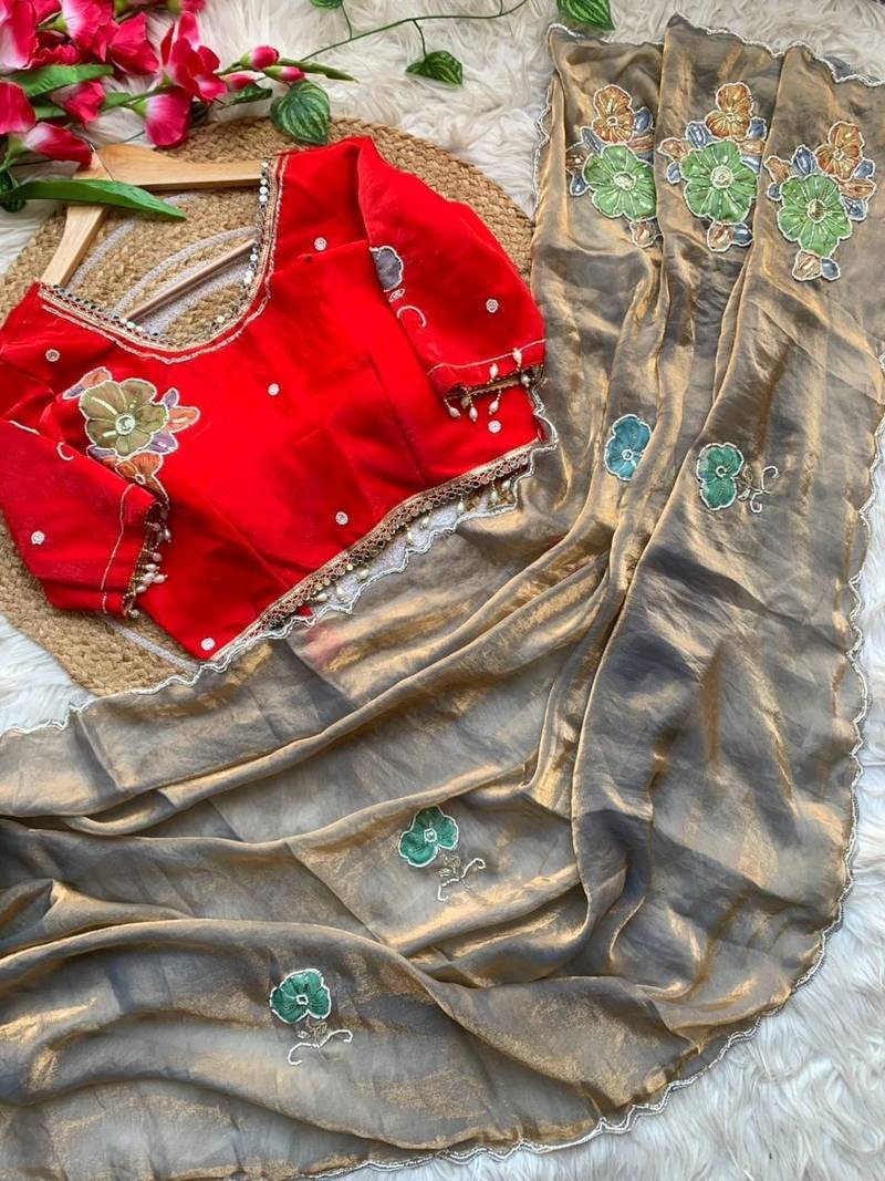 Grey Color khatli with pearl moti work Sartin Saree