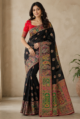 black embroidery border with dori fitting rich pallu pasmina silk saree