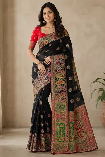 black embroidery border with dori fitting rich pallu pasmina silk saree