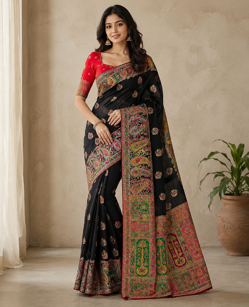 black embroidery border with dori fitting rich pallu pasmina silk saree