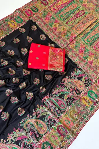 black embroidery border with dori fitting rich pallu pasmina silk saree