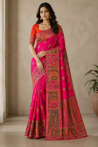 rani pink embroidery border with dori fitting rich pallu pasmina silk saree