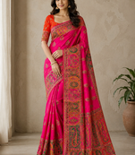 rani pink embroidery border with dori fitting rich pallu pasmina silk saree