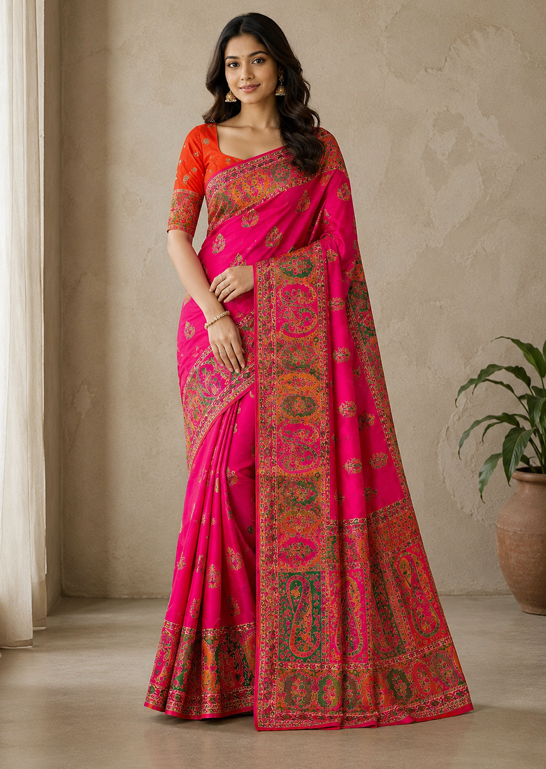 rani pink embroidery border with dori fitting rich pallu pasmina silk saree