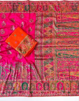rani pink embroidery border with dori fitting rich pallu pasmina silk saree 2