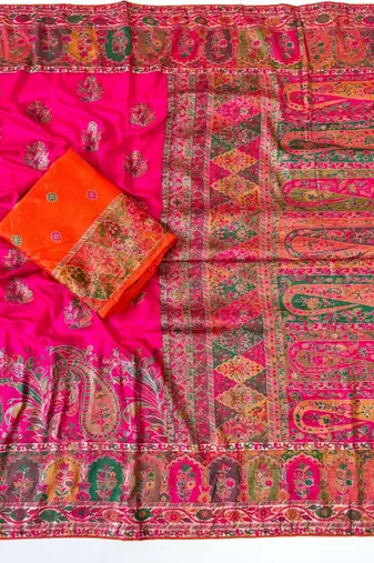 rani pink embroidery border with dori fitting rich pallu pasmina silk saree