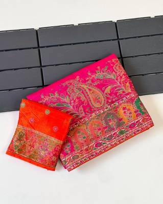 rani pink embroidery border with dori fitting rich pallu pasmina silk saree 3