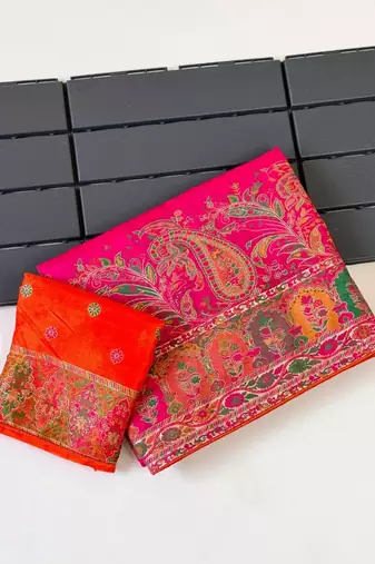 rani pink embroidery border with dori fitting rich pallu pasmina silk saree