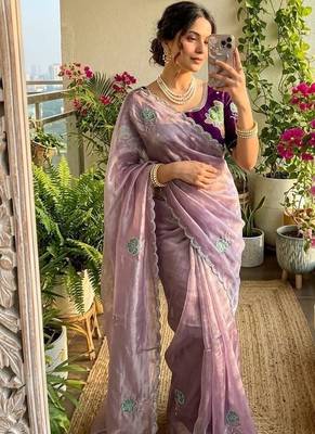 Lavender Color khatli with pearl moti work Sartin Saree 1