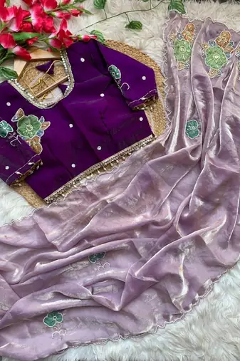 Lavender Color khatli with pearl moti work Sartin Saree