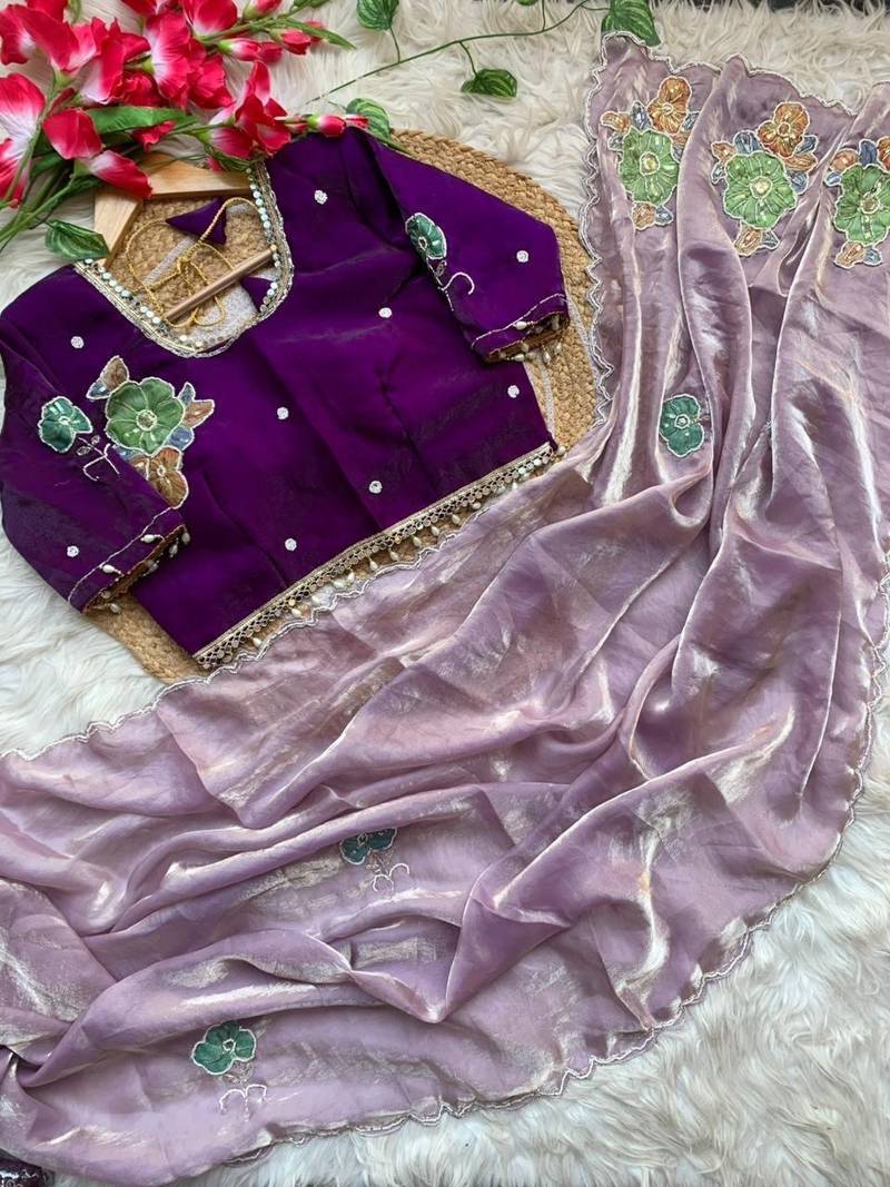 Lavender Color khatli with pearl moti work Sartin Saree