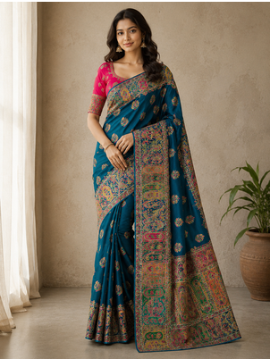 teal embroidery border with dori fitting rich pallu pasmina silk saree 1