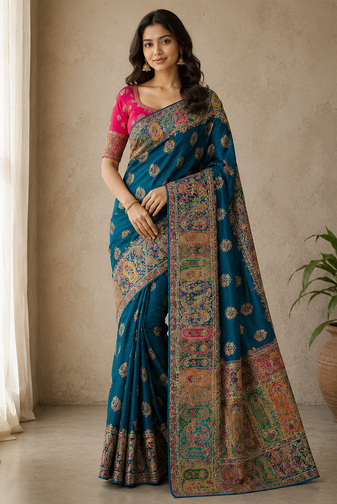 teal embroidery border with dori fitting rich pallu pasmina silk saree