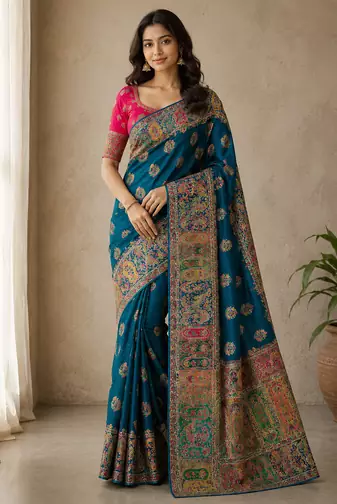 teal embroidery border with dori fitting rich pallu pasmina silk saree