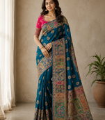 teal embroidery border with dori fitting rich pallu pasmina silk saree