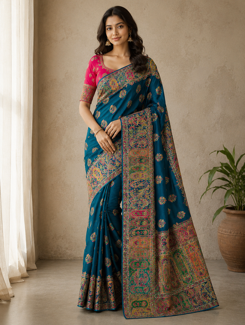 teal embroidery border with dori fitting rich pallu pasmina silk saree