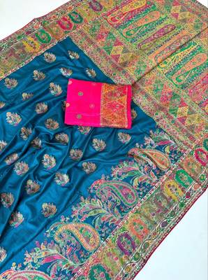 teal embroidery border with dori fitting rich pallu pasmina silk saree 2