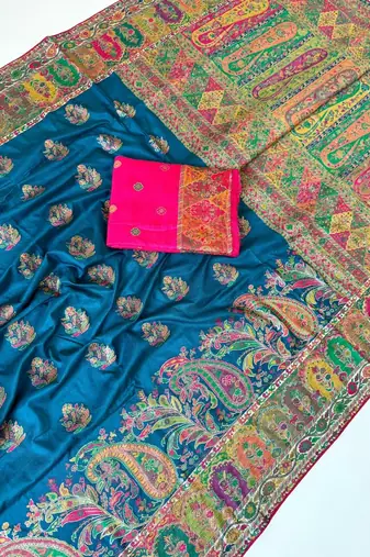 teal embroidery border with dori fitting rich pallu pasmina silk saree