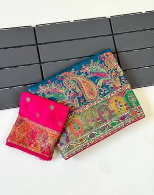 teal embroidery border with dori fitting rich pallu pasmina silk saree 3