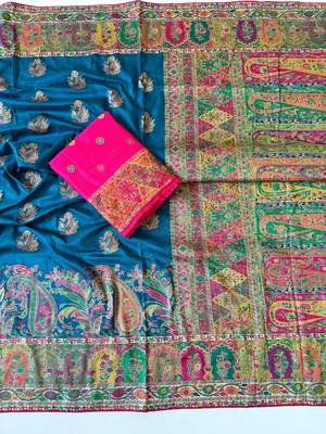 teal embroidery border with dori fitting rich pallu pasmina silk saree 4