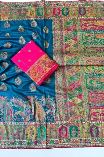 teal embroidery border with dori fitting rich pallu pasmina silk saree