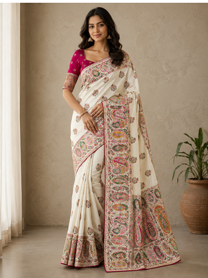 white embroidery border with dori fitting rich pallu pasmina silk saree 1