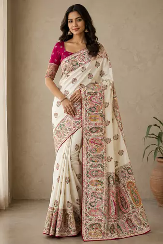 white embroidery border with dori fitting rich pallu pasmina silk saree