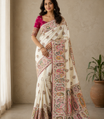 white embroidery border with dori fitting rich pallu pasmina silk saree