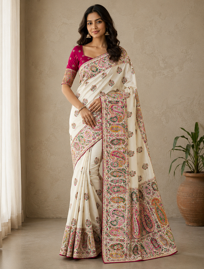 white embroidery border with dori fitting rich pallu pasmina silk saree