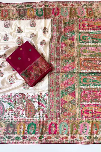 white embroidery border with dori fitting rich pallu pasmina silk saree