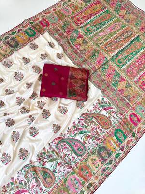 white embroidery border with dori fitting rich pallu pasmina silk saree 4
