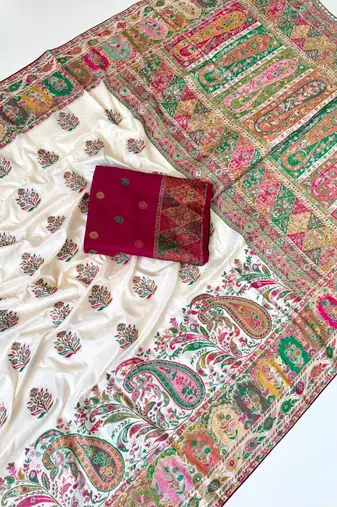 white embroidery border with dori fitting rich pallu pasmina silk saree