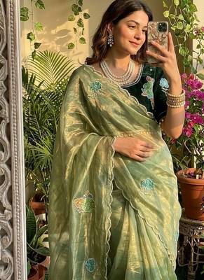 Light Green Color khatli with pearl moti work Sartin Saree 1