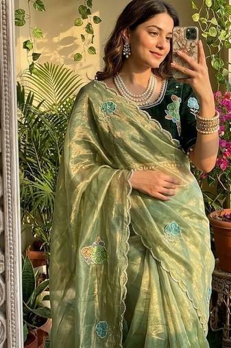 Light Green Color khatli with pearl moti work Sartin Saree