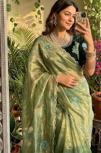 Light Green Color khatli with pearl moti work Sartin Saree