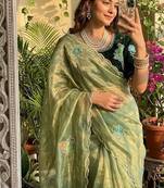 Light Green Color khatli with pearl moti work Sartin Saree
