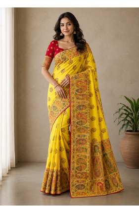 yellow embroidery border with dori fitting rich pallu pasmina silk saree 1