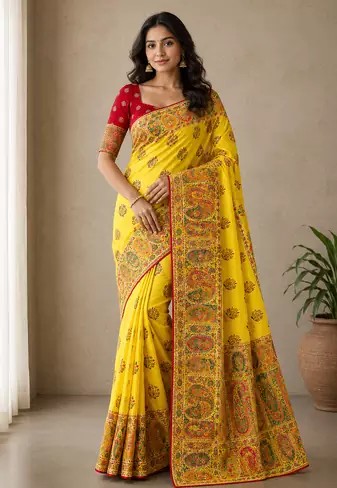 yellow embroidery border with dori fitting rich pallu pasmina silk saree