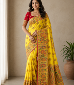 yellow embroidery border with dori fitting rich pallu pasmina silk saree