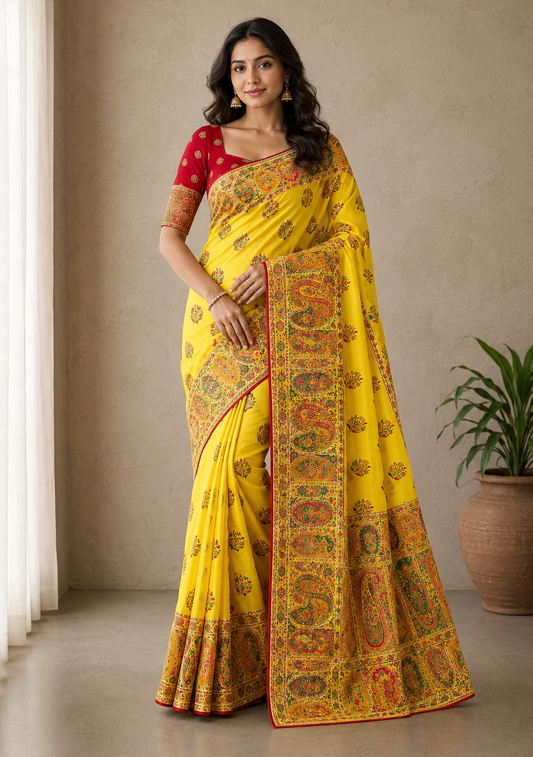 yellow embroidery border with dori fitting rich pallu pasmina silk saree