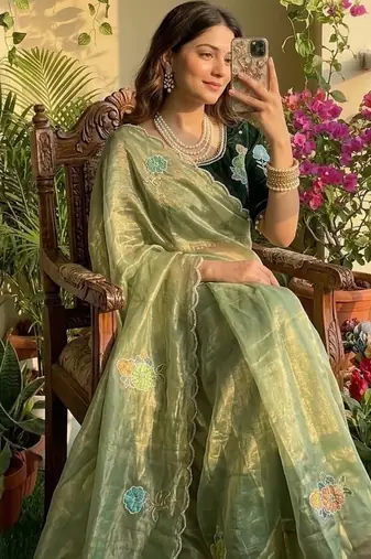 Light Green Color khatli with pearl moti work Sartin Saree