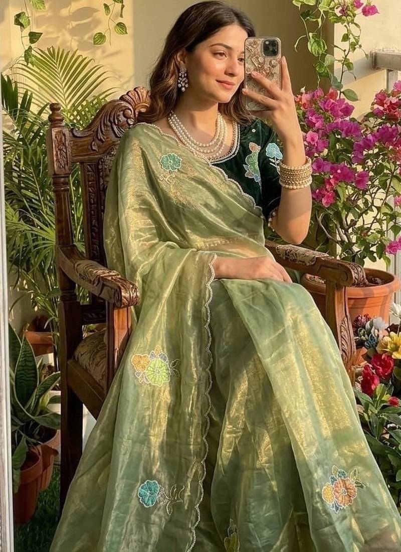 Light Green Color khatli with pearl moti work Sartin Saree