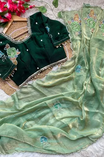 Light Green Color khatli with pearl moti work Sartin Saree