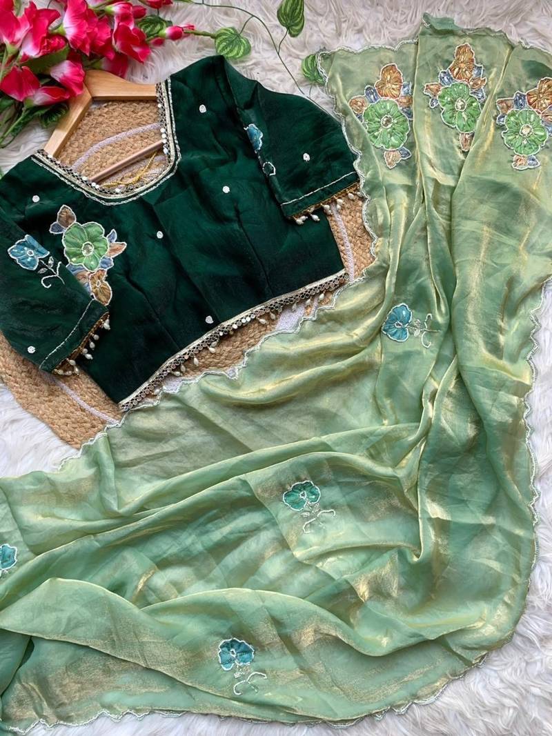 Light Green Color khatli with pearl moti work Sartin Saree